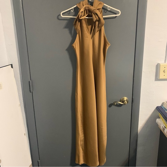 Banana Republic Bronze/Tan Halter Satin Maxi Dress. Size XS - Picture 3 of 9
